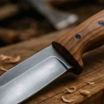 Cuchillo enterizo con cachas de madera exótica y pernos de bronce.