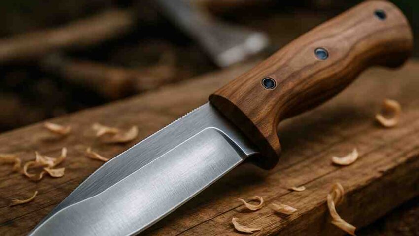 Cuchillo enterizo con cachas de madera exótica y pernos de bronce.